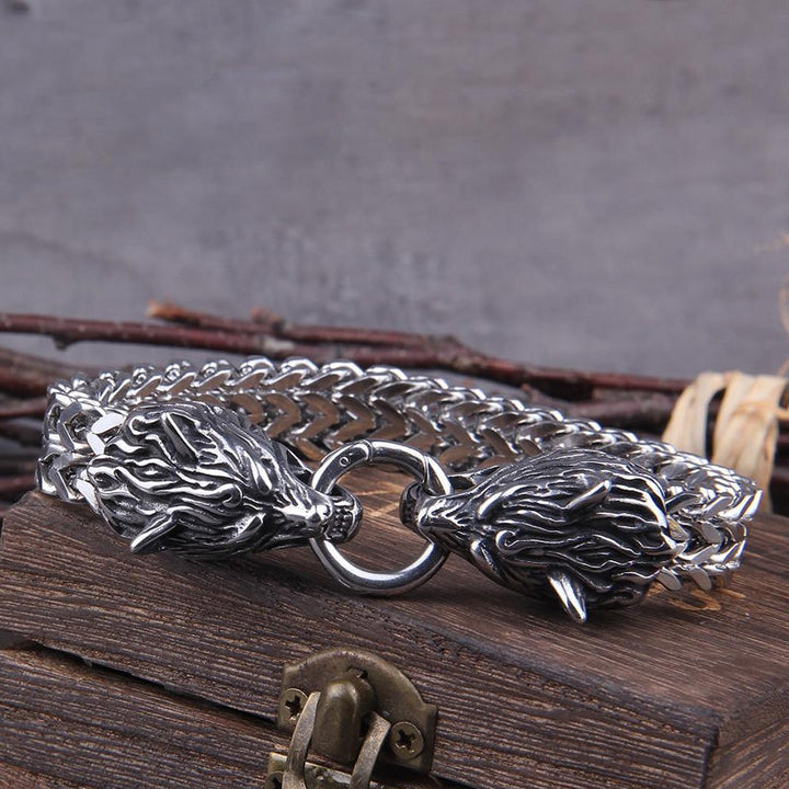 Lisslune | Viking Stainless Steel Double Wolf Head Fenrir Bracelet