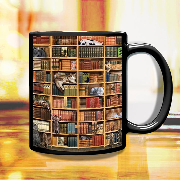 Lisslune | Bookshelf Ceramic Coffee Mug - Gift for Cat Book Lovers