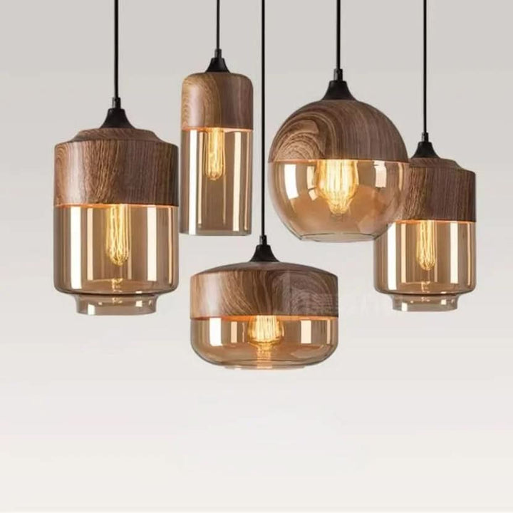 Lisslune | Hand-Blown Glass & Wood Pendant Light Adjustable