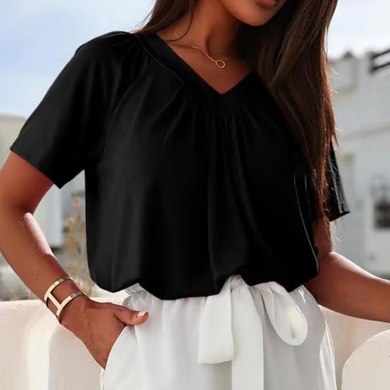 Lisslune | Women's Casual Pleated V-Neck Short-Sleeve Top