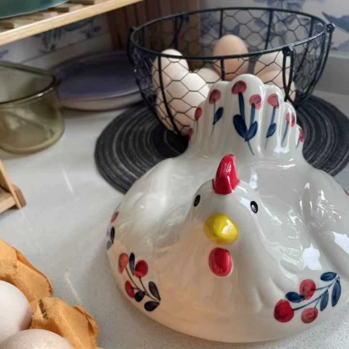 Lisslune | Ceramic Egg Holder Chicken with Wire Basket
