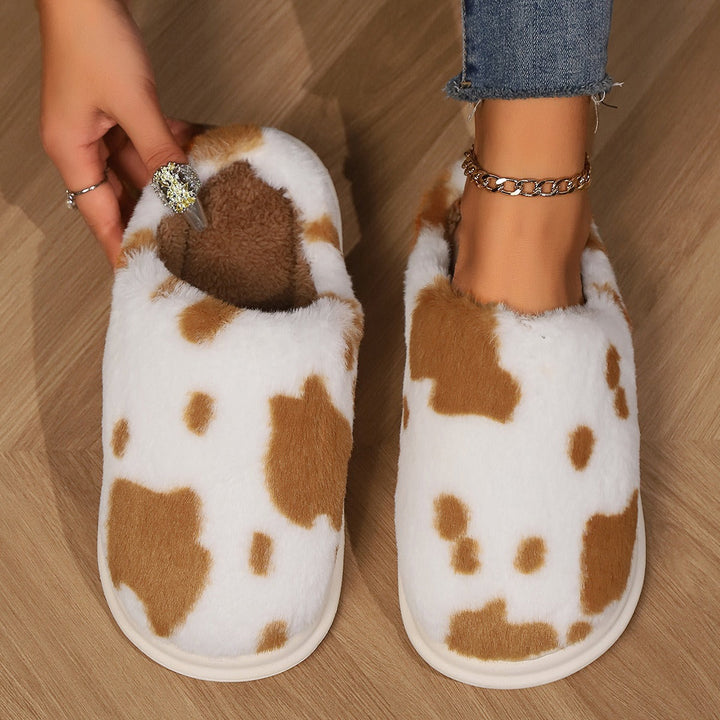 Lisslune | Shady Cow Print Plush Slippers for Couples - Cozy Anti-Slip Soft Home Shoes for Winter