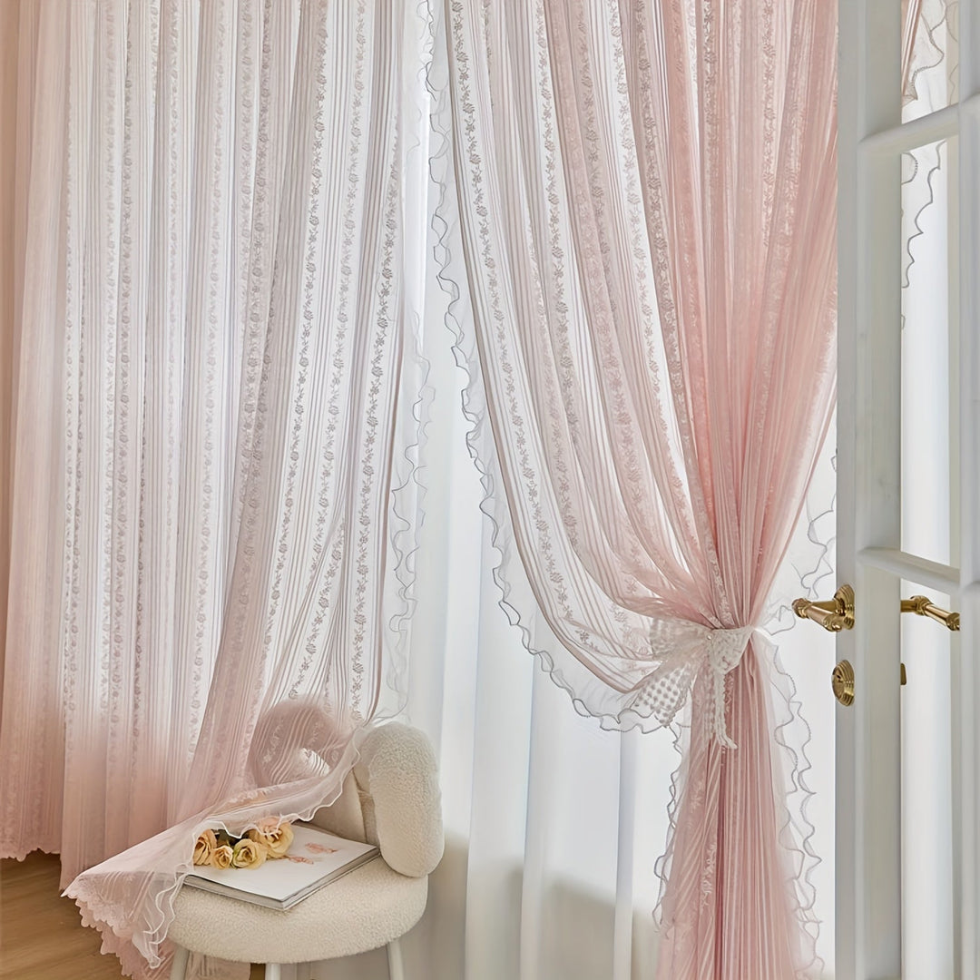 Rynx | 2pcs Pink Lace Ruffle Curtains] 2pcs Aifish Pink Lace Tulle Ruffle Curtains - Double Layer Beaded Voile with Curtain Rod Pocket, Romantic Window Decoration for Bedroom & Living Room, Polyester Fabric, Curtains for Bedroom