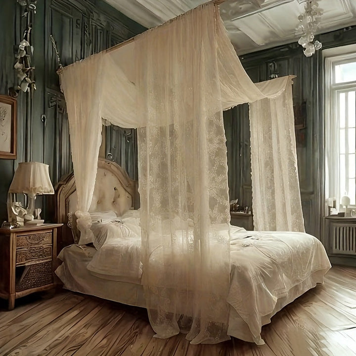 Lisslune | [2-Panel Luxus Baldachin] 2-Panel Durchsichtiger Luxus Weißer Baldachin Bettvorhänge | Elegante Spitze Für Voll-/Königin Bett | Kein Pole