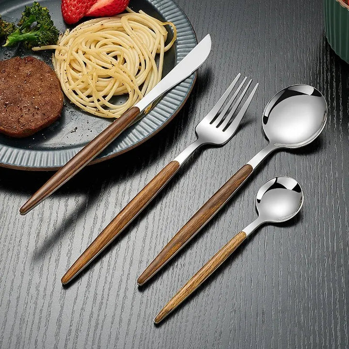 Lisslune | Elegant 4-pc. Stainless Steel Cutlery with Wood Handle Artificial