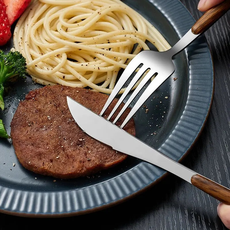 Lisslune | Elegant 4-pc. Stainless Steel Cutlery with Wood Handle Artificial