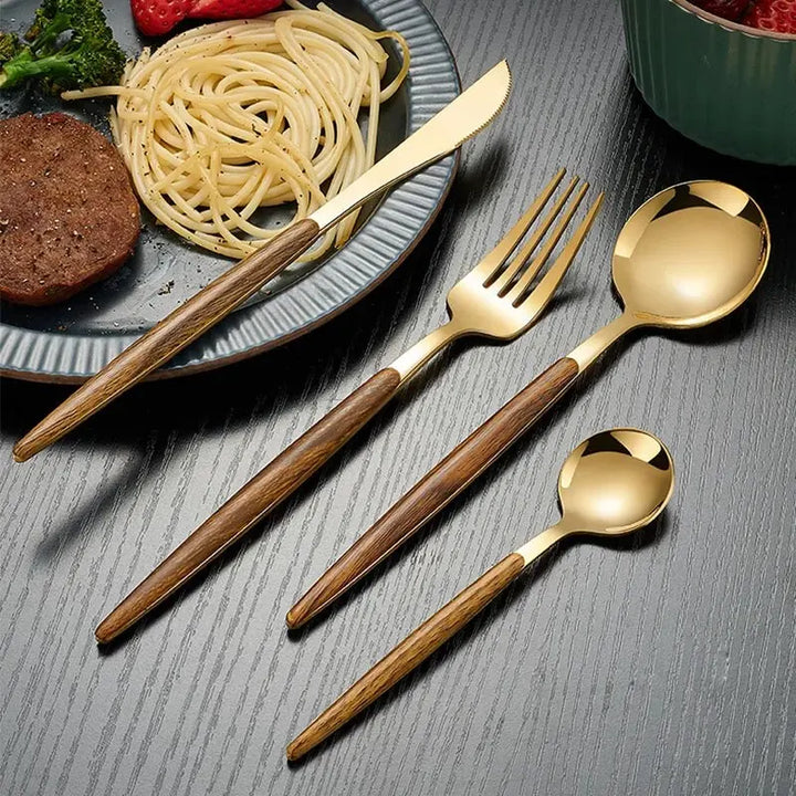 Lisslune | Elegant 4-pc. Stainless Steel Cutlery with Wood Handle Artificial