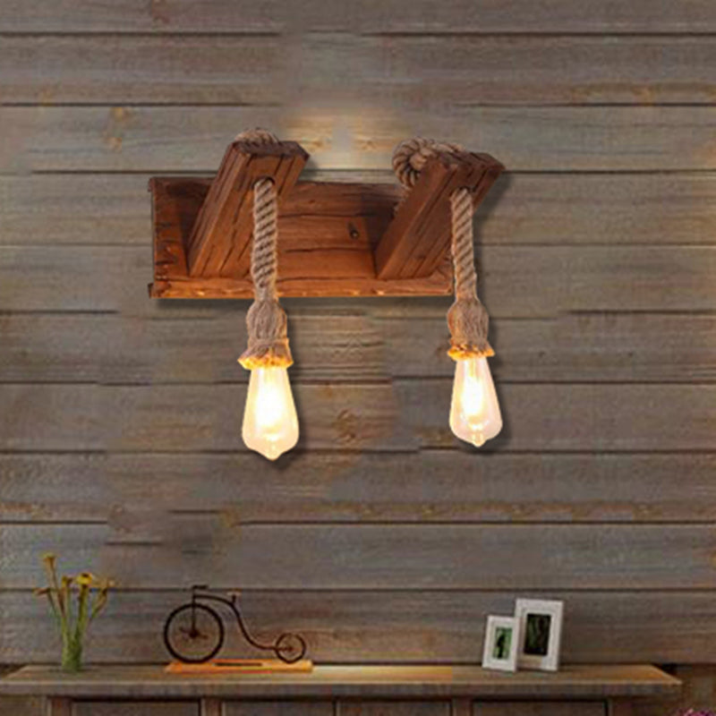 Lisslune | Wood Exposed Bulb Wall Lighting Industrial Style Rope 1/2 Light Bedroom Wall Lamp