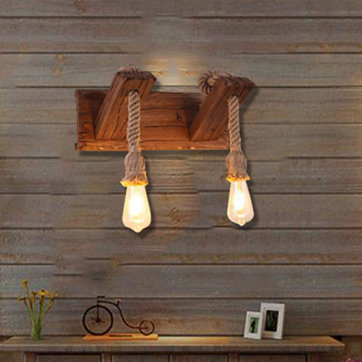 Lisslune | Wood Exposed Bulb Wall Lighting Industrial Style Rope 1/2 Light Bedroom Wall Lamp