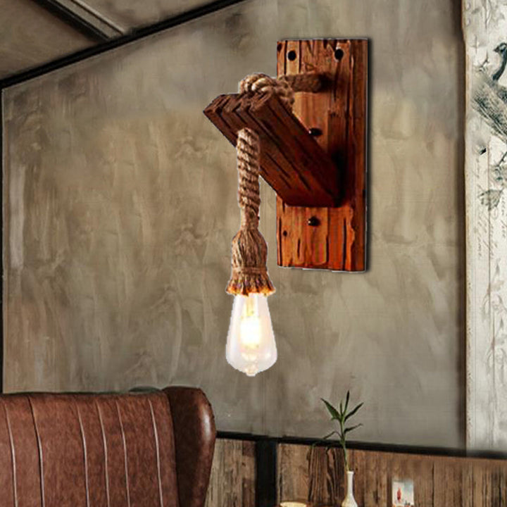 Lisslune | Wood Exposed Bulb Wall Lighting Industrial Style Rope 1/2 Light Bedroom Wall Lamp