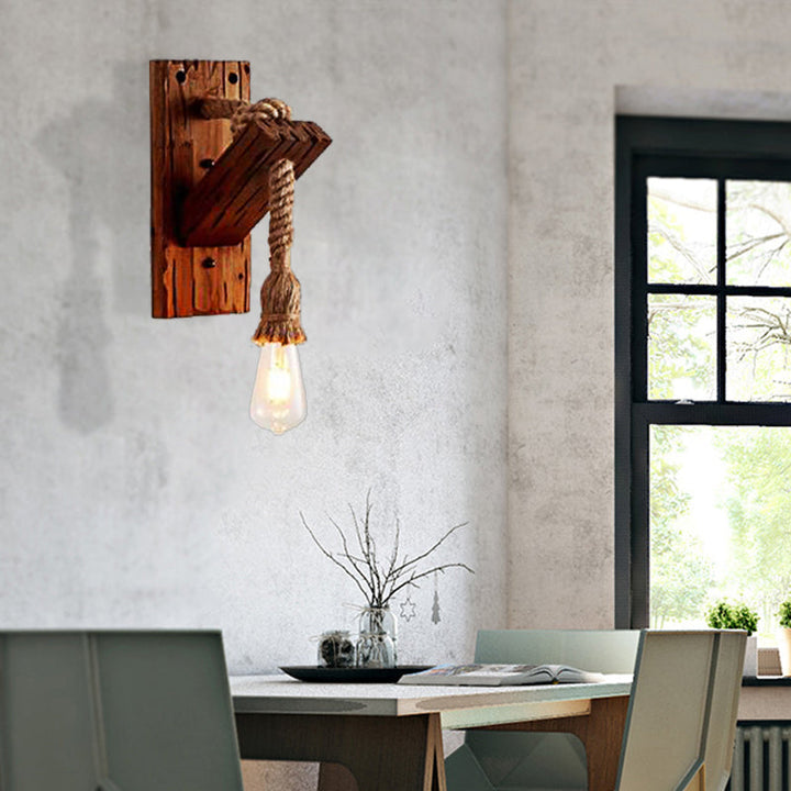 Lisslune | Wood Exposed Bulb Wall Lighting Industrial Style Rope 1/2 Light Bedroom Wall Lamp