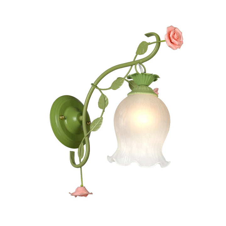 Skørter | Countryside Rose Wall Lamp 1 Head Metal Wall Fixture Lighting in White/Green for Bedroom