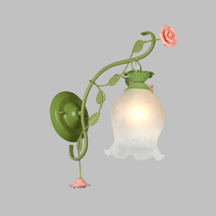 Skørter | Countryside Rose Wall Lamp 1 Head Metal Wall Fixture Lighting in White/Green for Bedroom