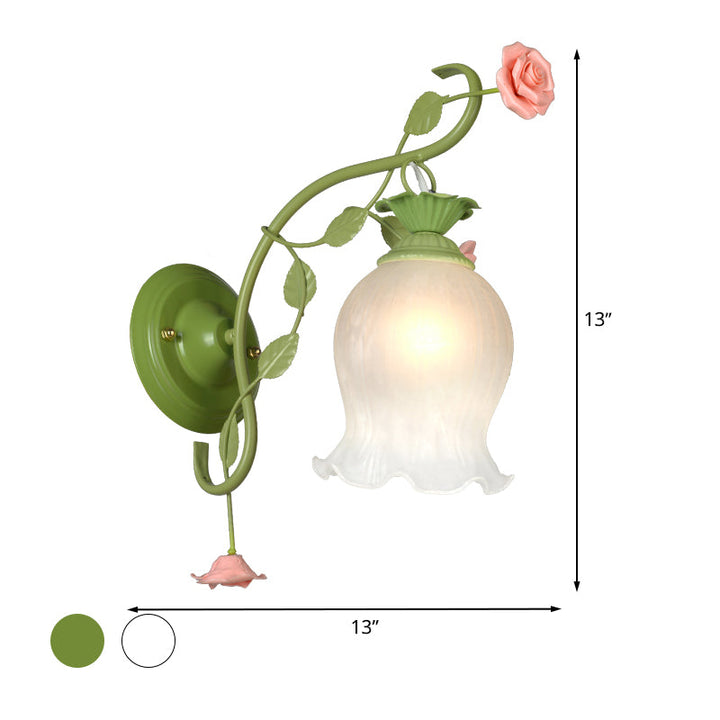 Skørter | Countryside Rose Wall Lamp 1 Head Metal Wall Fixture Lighting in White/Green for Bedroom
