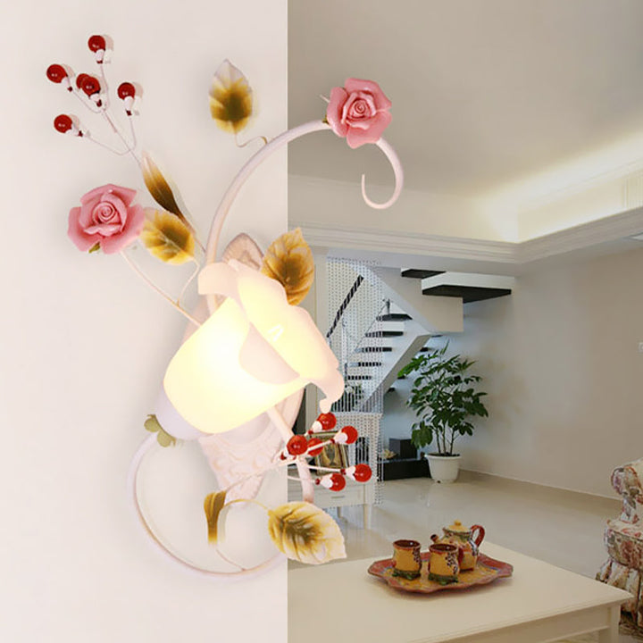Skørter | Country curved arm wall lamp 1 bulb metal roses wall lighting in white for living room, left/right