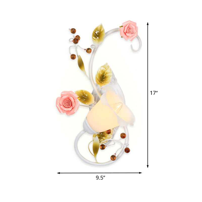 Skørter | Country curved arm wall lamp 1 bulb metal roses wall lighting in white for living room, left/right