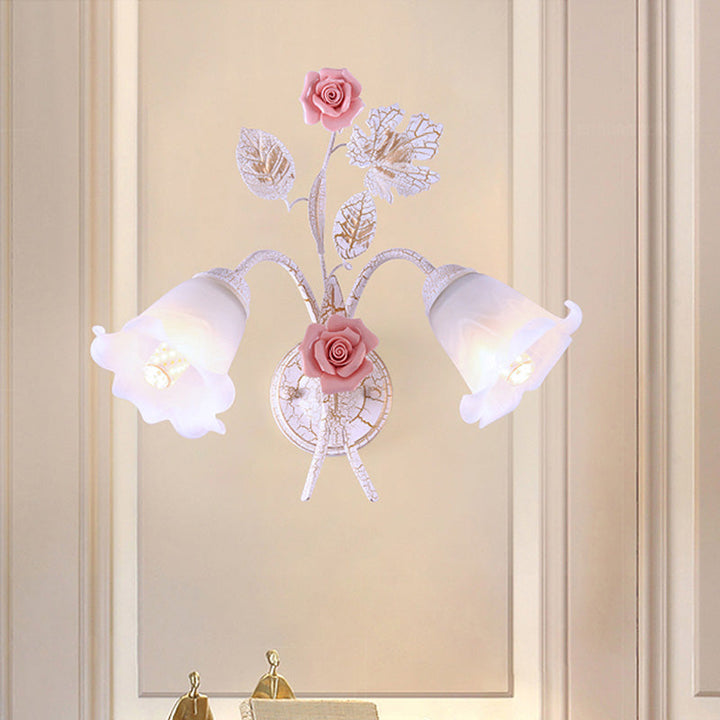 Skørter | Flared Living Room Wall Lamp Romantic Pastoral Metal 1/2 Cups White Wall Lamp Fixture with Flower Decor
