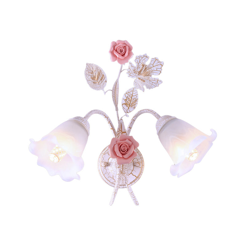 Skørter | Flared Living Room Wall Lamp Romantic Pastoral Metal 1/2 Cups White Wall Lamp Fixture with Flower Decor