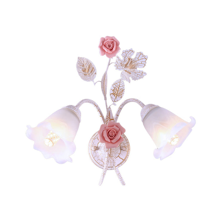 Skørter | Flared Living Room Wall Lamp Romantic Pastoral Metal 1/2 Cups White Wall Lamp Fixture with Flower Decor