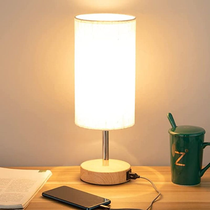 Lisslune | Lamp with USB connection Touch-Control Table Lamp for Bedroom Wood 3-stage dimmable Bedside Lamp with Round Linen Fabric Shade for Living Room, Student Dorm, Home Office