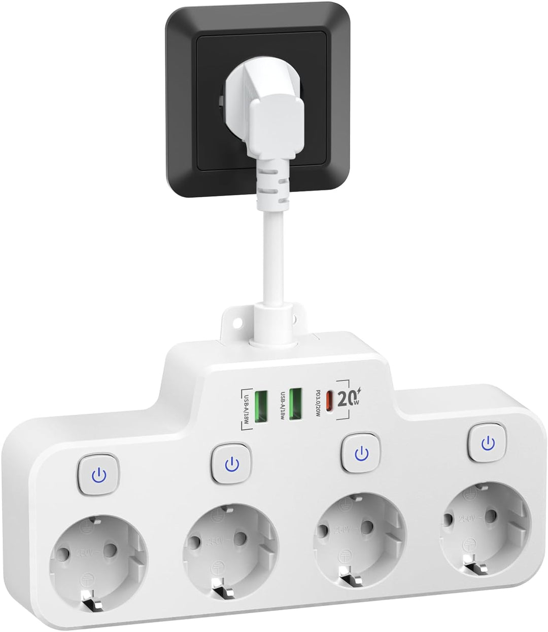 Lisslune | Swivel Wall-Mounted Power Strip with Independent Switches – 3 Outlets + 2 USB-A + 1 USB-C Ports