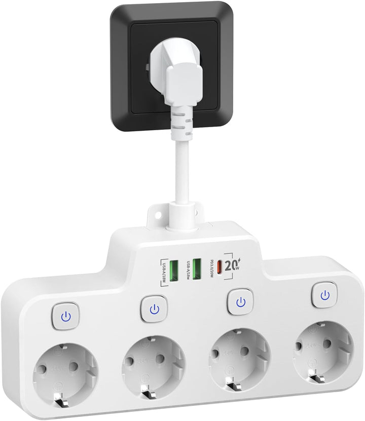 Lisslune | Swivel Wall-Mounted Power Strip with Independent Switches – 3 Outlets + 2 USB-A + 1 USB-C Ports