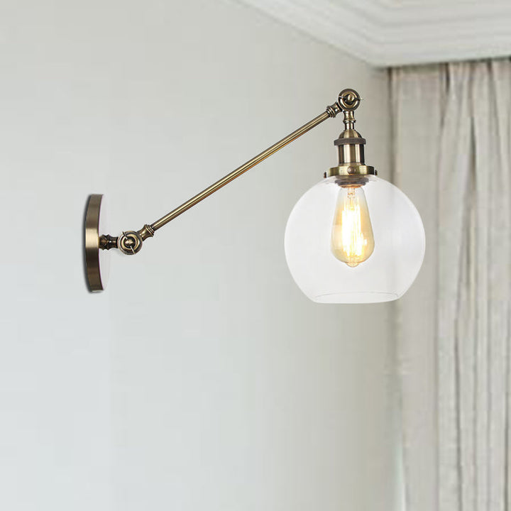 Lisslune | Clear Glass Globe Wall Lighting Country House 1 Light Living Room Fixture in Black/ Brass/ Bronze with Arm, 8"/12" L