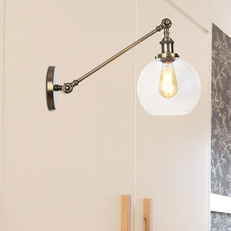 Lisslune | Clear Glass Globe Wall Lighting Country House 1 Light Living Room Fixture in Black/ Brass/ Bronze with Arm, 8"/12" L