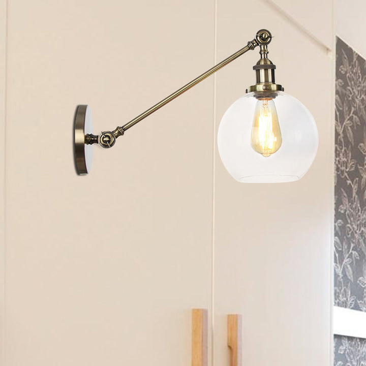Lisslune | Clear Glass Globe Wall Lighting Country House 1 Light Living Room Fixture in Black/ Brass/ Bronze with Arm, 8"/12" L