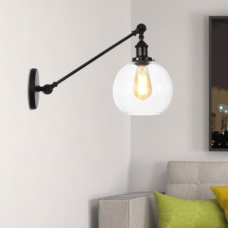 Lisslune | Clear Glass Globe Wall Lighting Country House 1 Light Living Room Fixture in Black/ Brass/ Bronze with Arm, 8"/12" L