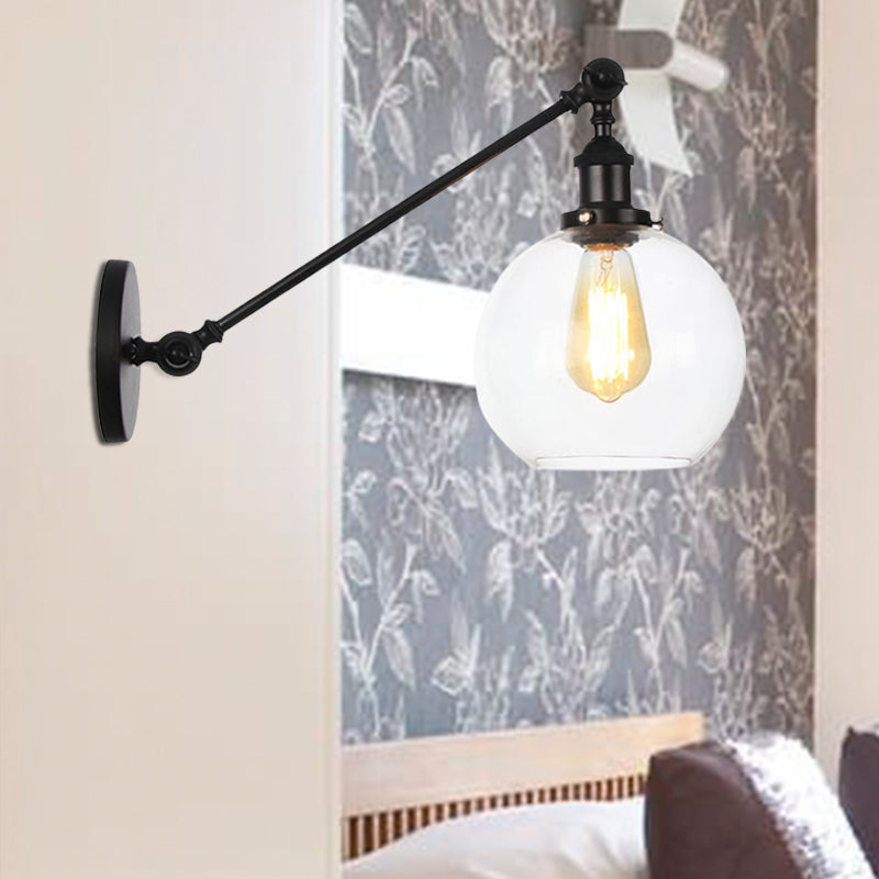 Lisslune | Clear Glass Globe Wall Lighting Country House 1 Light Living Room Fixture in Black/ Brass/ Bronze with Arm, 8"/12" L