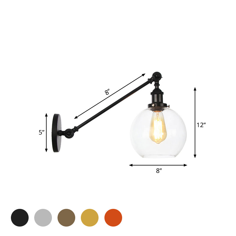 Lisslune | Clear Glass Globe Wall Lighting Country House 1 Light Living Room Fixture in Black/ Brass/ Bronze with Arm, 8"/12" L