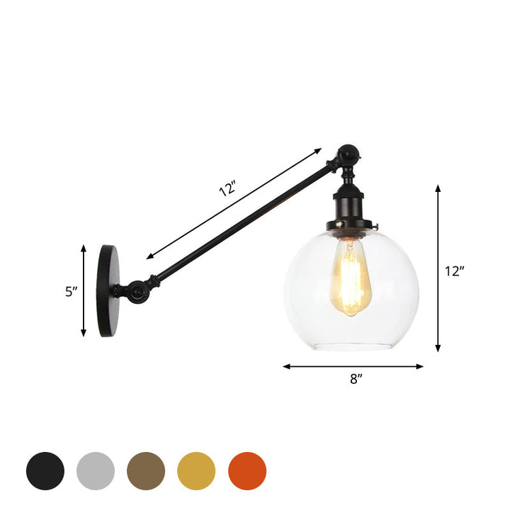 Lisslune | Clear Glass Globe Wall Lighting Country House 1 Light Living Room Fixture in Black/ Brass/ Bronze with Arm, 8"/12" L