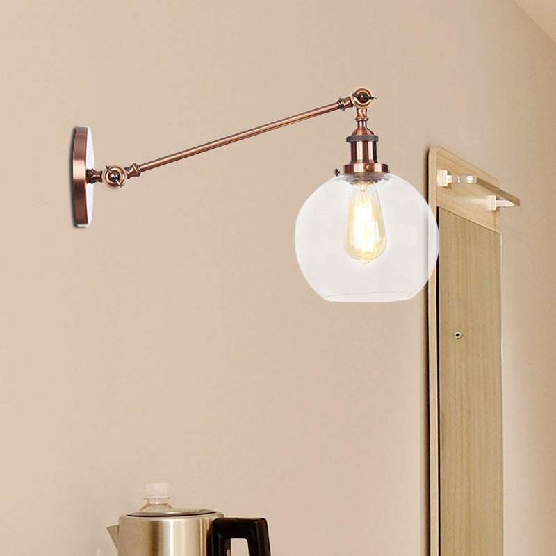 Lisslune | Clear Glass Globe Wall Lighting Country House 1 Light Living Room Fixture in Black/ Brass/ Bronze with Arm, 8"/12" L