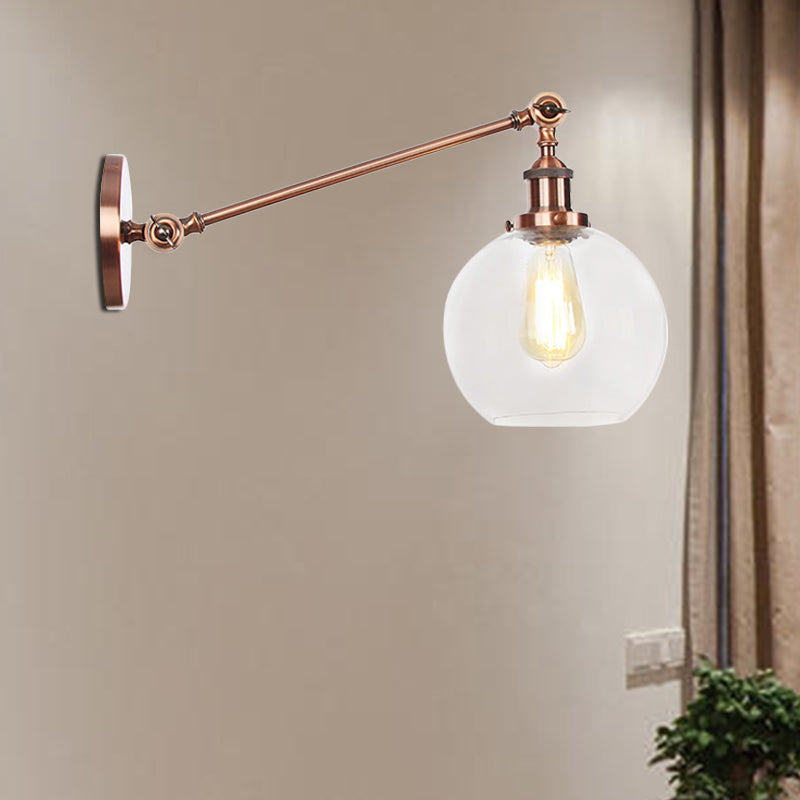 Lisslune | Clear Glass Globe Wall Lighting Country House 1 Light Living Room Fixture in Black/ Brass/ Bronze with Arm, 8"/12" L