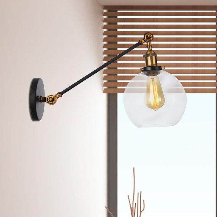 Lisslune | Clear Glass Globe Wall Lighting Country House 1 Light Living Room Fixture in Black/ Brass/ Bronze with Arm, 8"/12" L