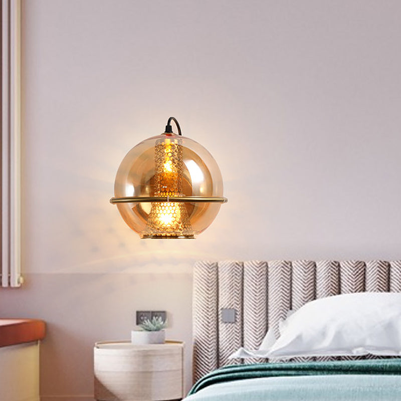 Lisslune | Brass Ball Wall Light Post Modern 1-Head Cognac Glass Wall Mounted Light Source for Nightstand