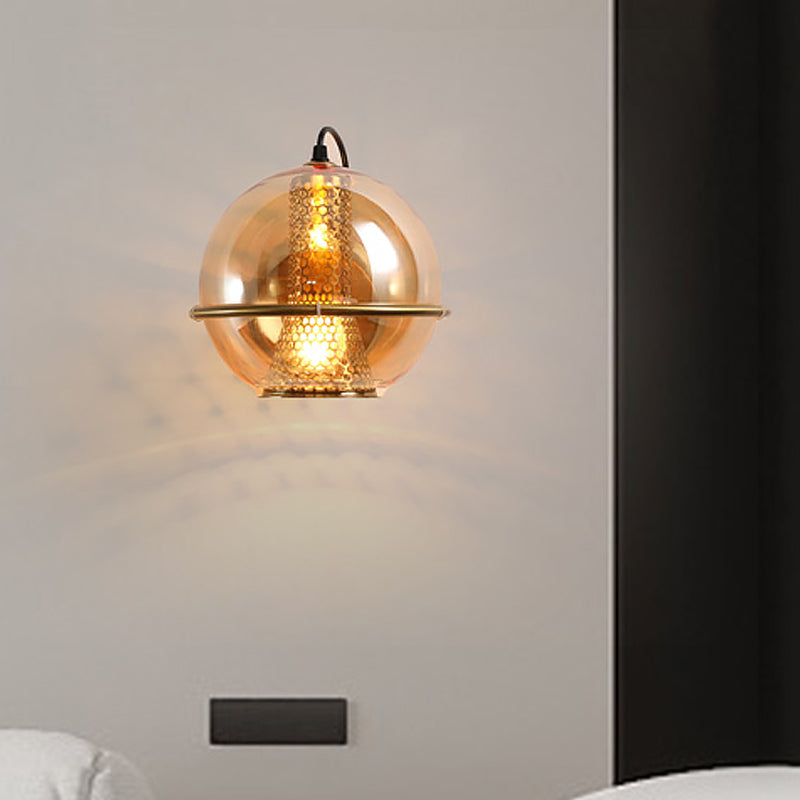 Lisslune | Brass Ball Wall Light Post Modern 1-Head Cognac Glass Wall Mounted Light Source for Nightstand