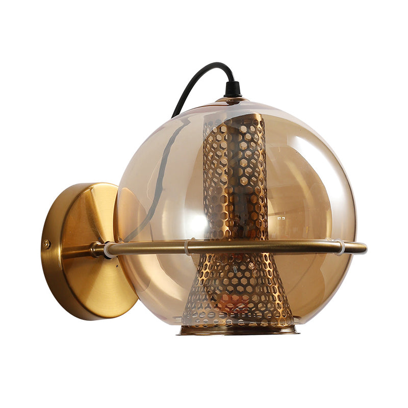 Lisslune | Brass Ball Wall Light Post Modern 1-Head Cognac Glass Wall Mounted Light Source for Nightstand