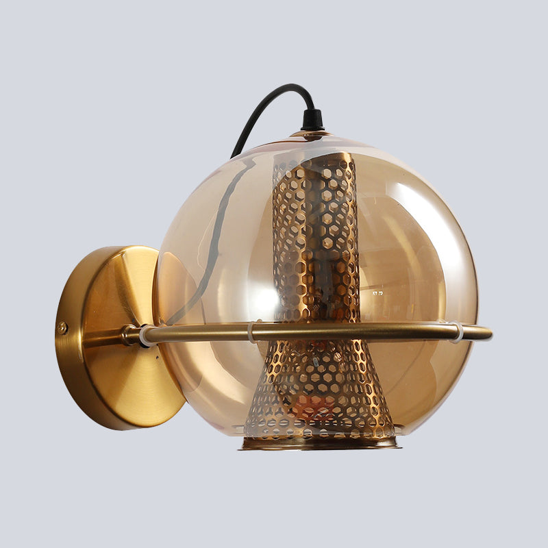 Lisslune | Brass Ball Wall Light Post Modern 1-Head Cognac Glass Wall Mounted Light Source for Nightstand