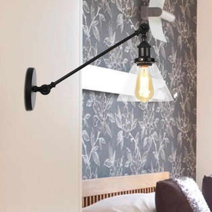 Lisslune | Industrial Conical Wall Lamp 1 Light Clear Glass Lighting in Black/Bronze/Brass, 8"/12" L Arm