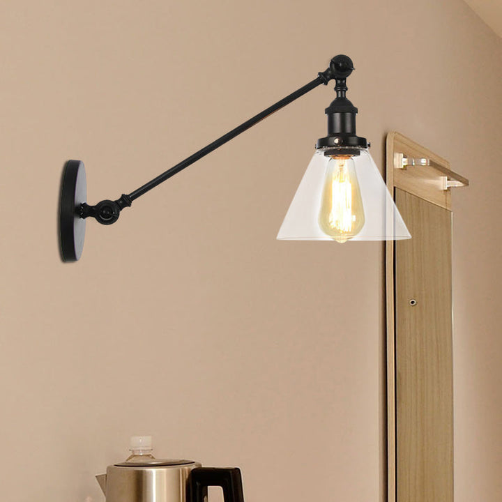 Lisslune | Industrial Conical Wall Lamp 1 Light Clear Glass Lighting in Black/Bronze/Brass, 8"/12" L Arm
