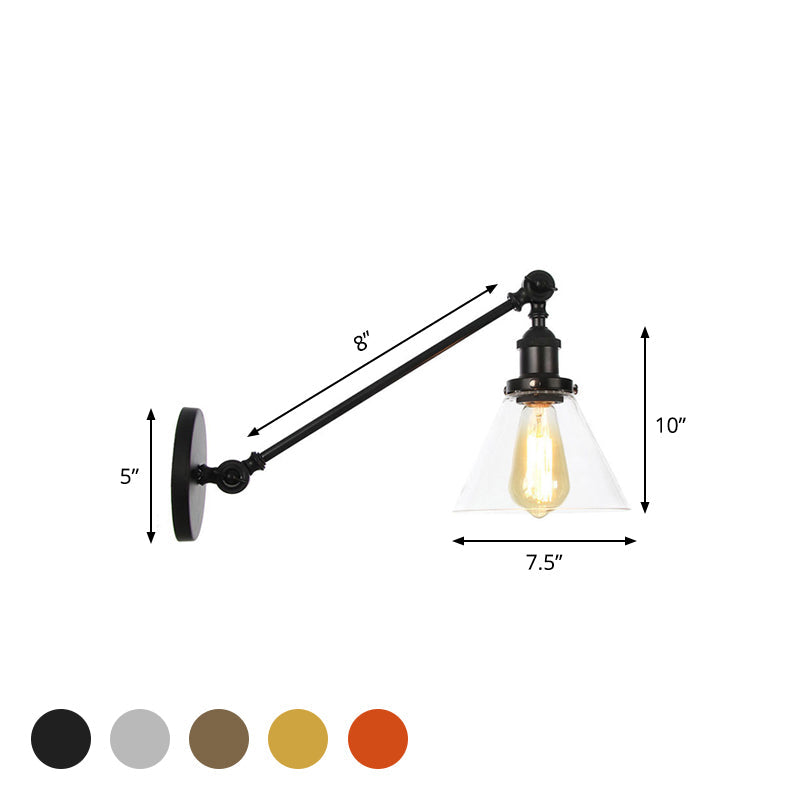 Lisslune | Industrial Conical Wall Lamp 1 Light Clear Glass Lighting in Black/Bronze/Brass, 8"/12" L Arm