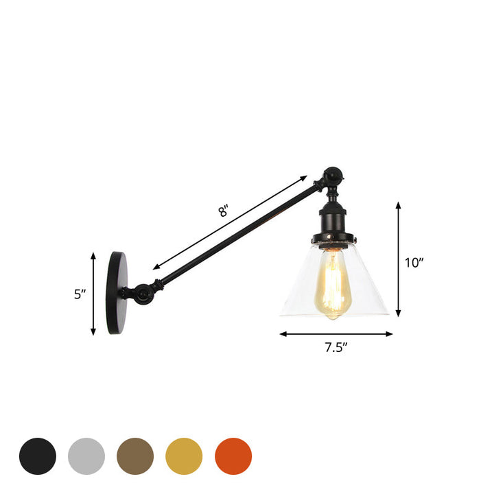 Lisslune | Industrial Conical Wall Lamp 1 Light Clear Glass Lighting in Black/Bronze/Brass, 8"/12" L Arm