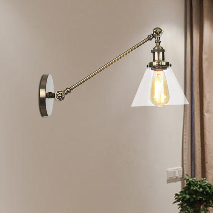 Lisslune | Industrial Conical Wall Lamp 1 Light Clear Glass Lighting in Black/Bronze/Brass, 8"/12" L Arm