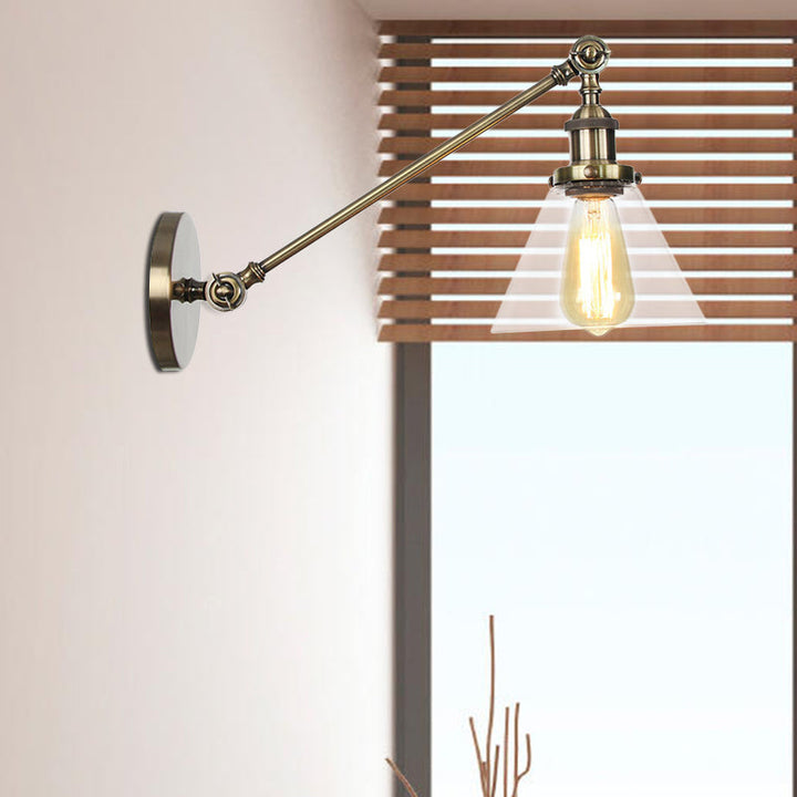 Lisslune | Industrial Conical Wall Lamp 1 Light Clear Glass Lighting in Black/Bronze/Brass, 8"/12" L Arm