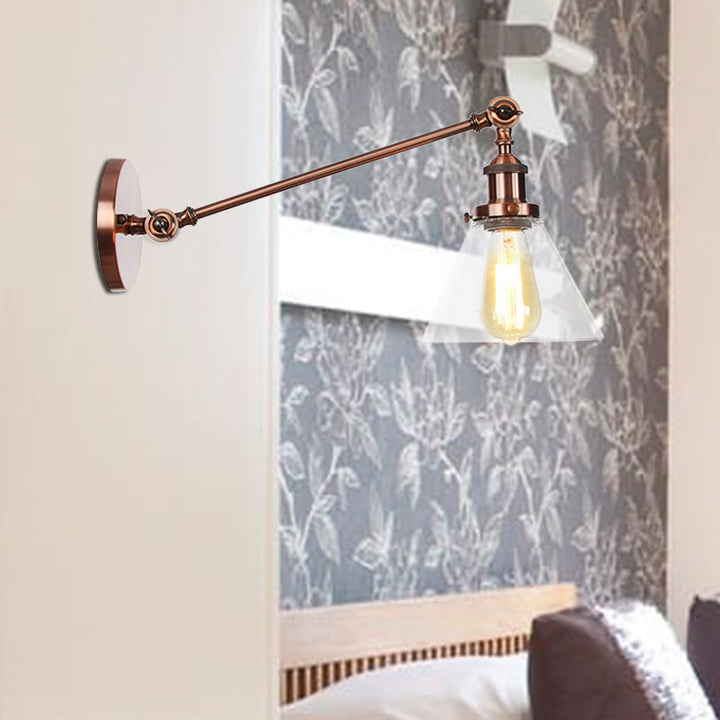 Lisslune | Industrial Conical Wall Lamp 1 Light Clear Glass Lighting in Black/Bronze/Brass, 8"/12" L Arm