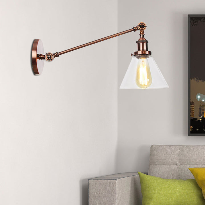 Lisslune | Industrial Conical Wall Lamp 1 Light Clear Glass Lighting in Black/Bronze/Brass, 8"/12" L Arm