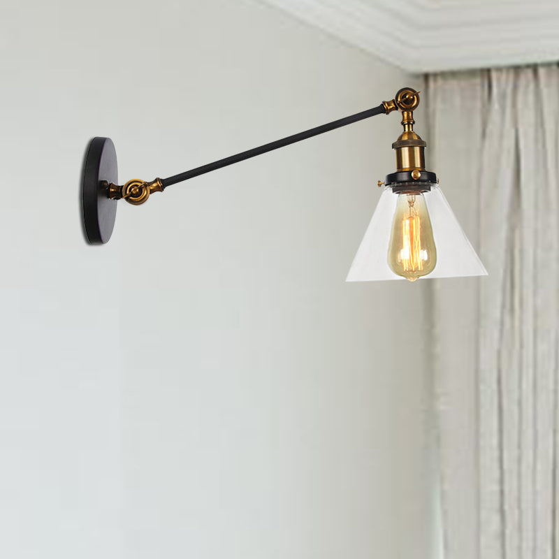 Lisslune | Industrial Conical Wall Lamp 1 Light Clear Glass Lighting in Black/Bronze/Brass, 8"/12" L Arm