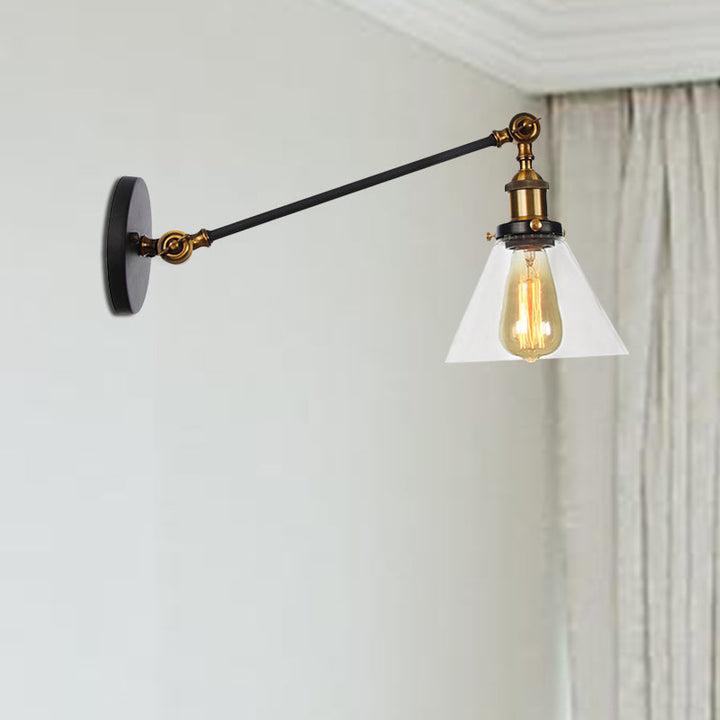 Lisslune | Industrial Conical Wall Lamp 1 Light Clear Glass Lighting in Black/Bronze/Brass, 8"/12" L Arm